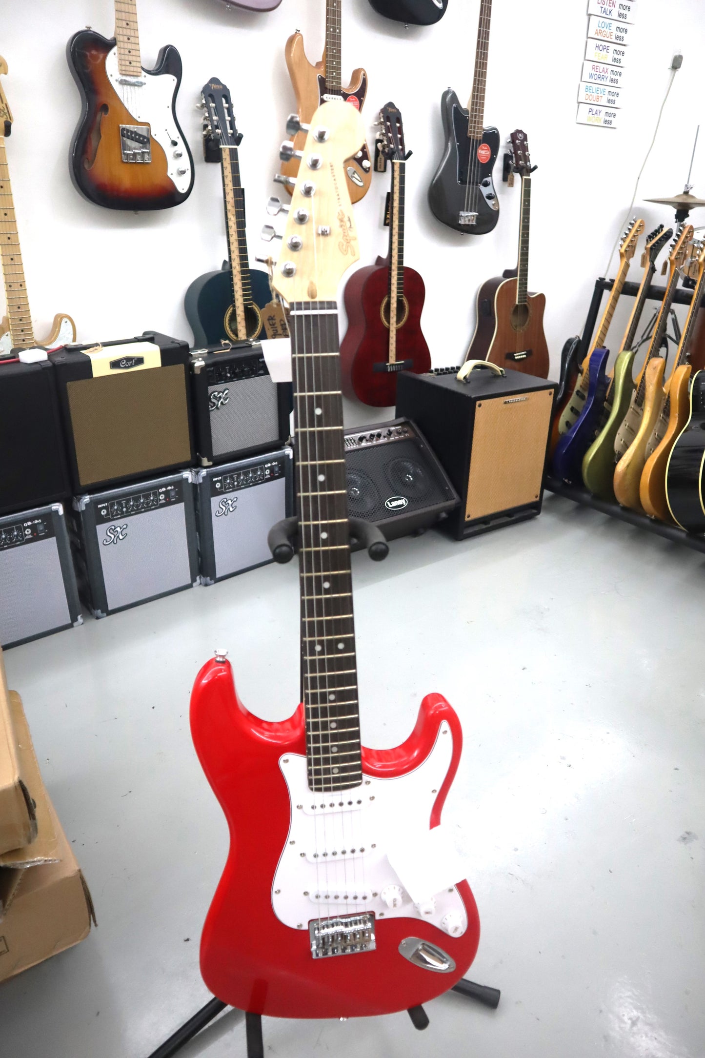 Squier Stratocaster Hardtail Electric Guitar, Laurel FB, Red